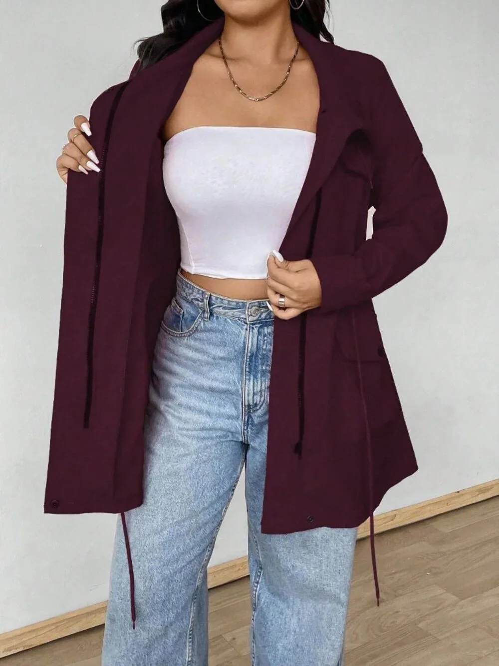 Burgundy Casual Women's Plus Size Hooded Cinched Waist Long Sleeve Jacket - Picture 6 of 6
